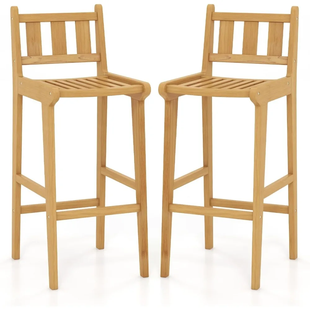 

2 sets of teak bar stools, 30 inch bar chairs with footstool and backrest, wooden bar high chairs, terrace furniture