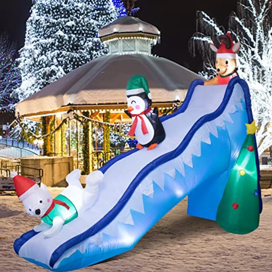 Outdoor Christmas Inflatable Slide For Yard Decor, PVC Material, Red And Green, Waterproof With LED Lights For Holiday Party Di