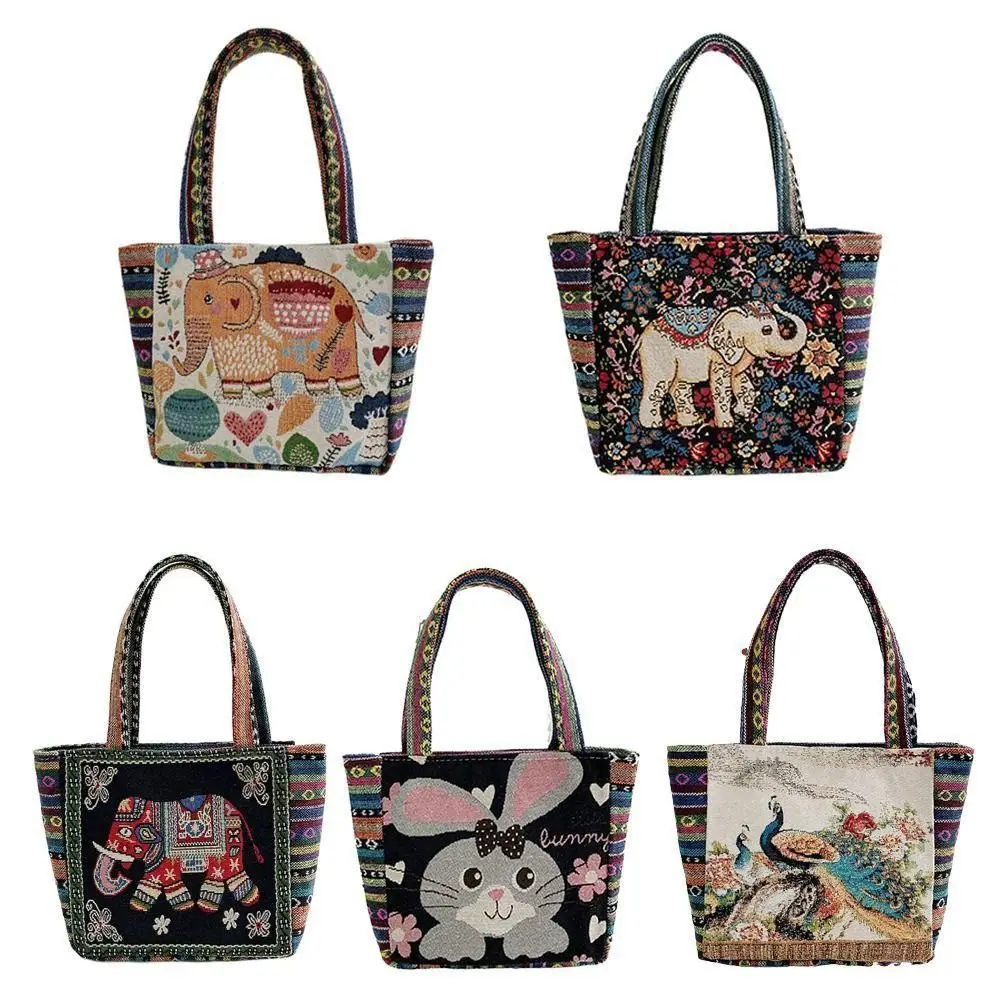 Embroidery Elephant Peacock Handbag Animal Ethnic Style Handbag Rabbit Canvas Tote Bag Storage Bag