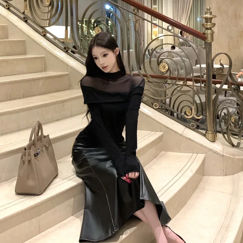 

Pure Desire One Shoulder Long Sleeve T-Shirt Mid-Length Fish Tail Skirt Wrap around Design Spring Summer New Style Women's Fa...