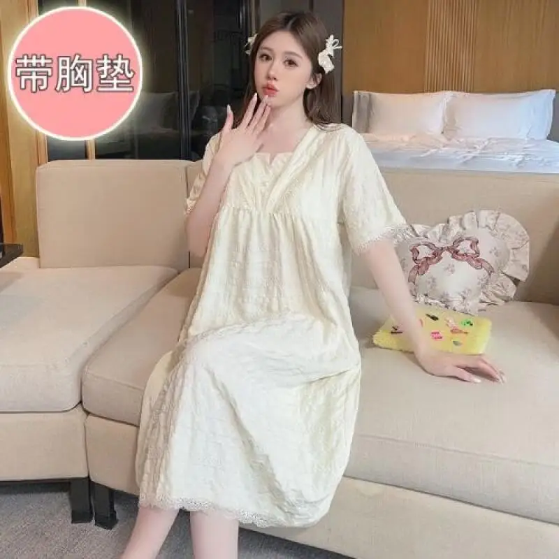 

New Hot Sweet Princess Nightdress Cotton Teen Girl Homewear Summer Fashion Short Sleeve Loose Built In Bra Padding Spring Style
