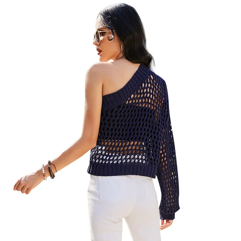 2024 Cross border Amazon Women's Sexy Hollow Loose Cover Top Solid Color Diagonal Shoulder Single Sleeve Thin Knitted Shirt