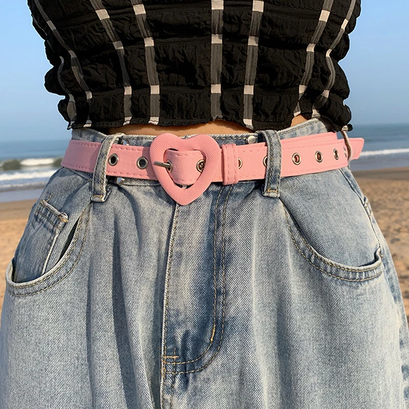 

Women Belt Fashion Leather Punk Belt With Adjustable Love Heart Holes Luxury Designer Buckle Belt For Dress Jeans Cool