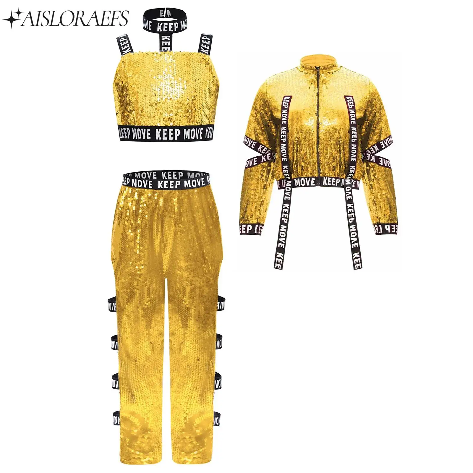 

Kids Girl Glittery Sequin Jazz Hip-Hop Dance Costume Street Dancing 3-piece Set for Birthday Party Stage Performance Clothes