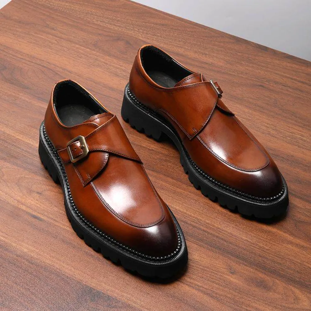 

Full Cow Leather Men's Pointed Toe Monk Strap Dress Shoes British Style Thick Sole Formal Business Leather Shoes