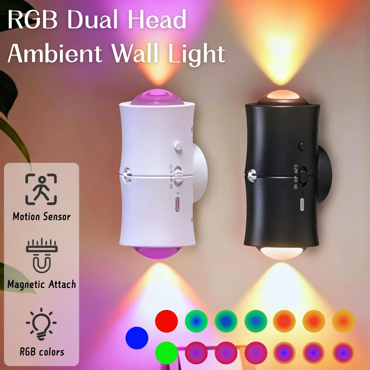 2pcs RGB Dual‑Head Wall Lamp, Built‑in Sensor, USB Charging, Magnetic Mount and Handheld Use, Lighting for Stairs and Hallways