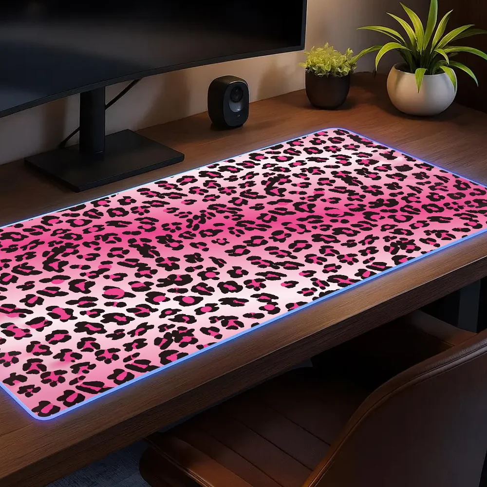 Pink L-Leopard Style Mouse Pad Gaming MousePad LED Table Pads Micro USB Backlit Rubber RGB Desk Mats Desktop XXL