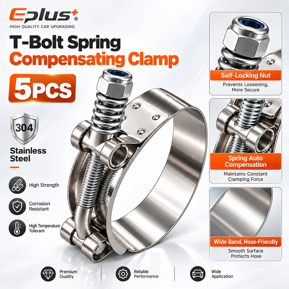 5 Stück Universal-Edelstahl-Schlauchschellen mit T-Bolzen, selbstausgleichende Federklemme, 28–110 mm, verstellbar für Auto, Motorrad und Industrie – Detail 3
