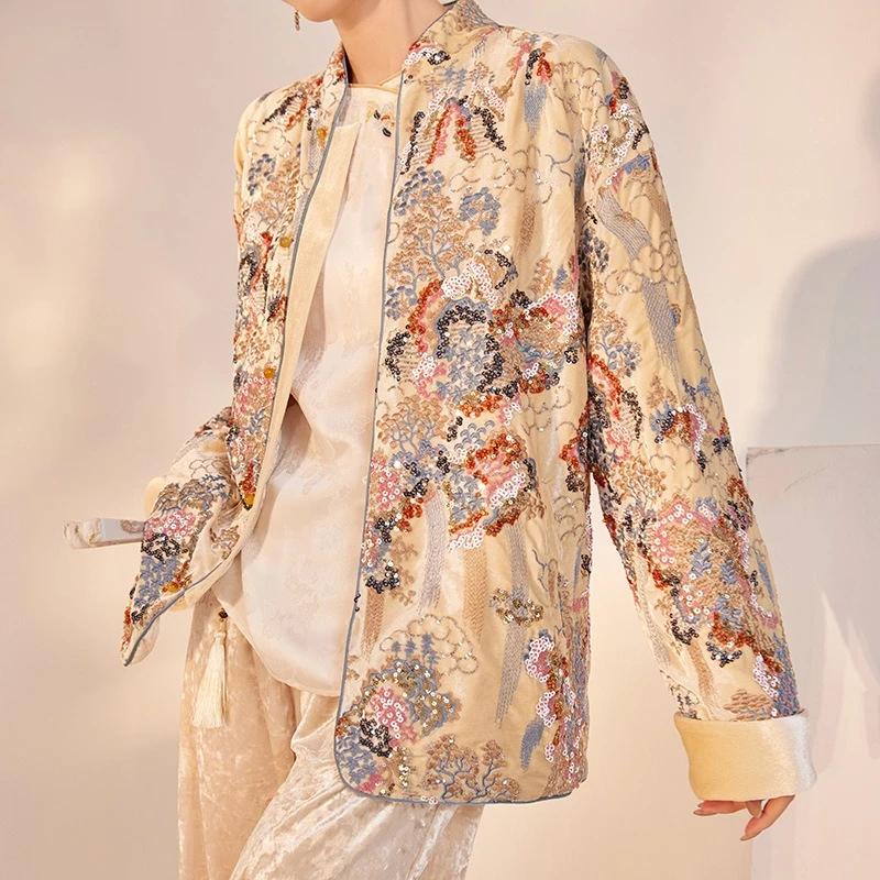 

Новое китайское ретро темпераментное светское пальто, весеннее новое свободное женское пальто с блестками и цветочной вышивкой и воротником-стойкой