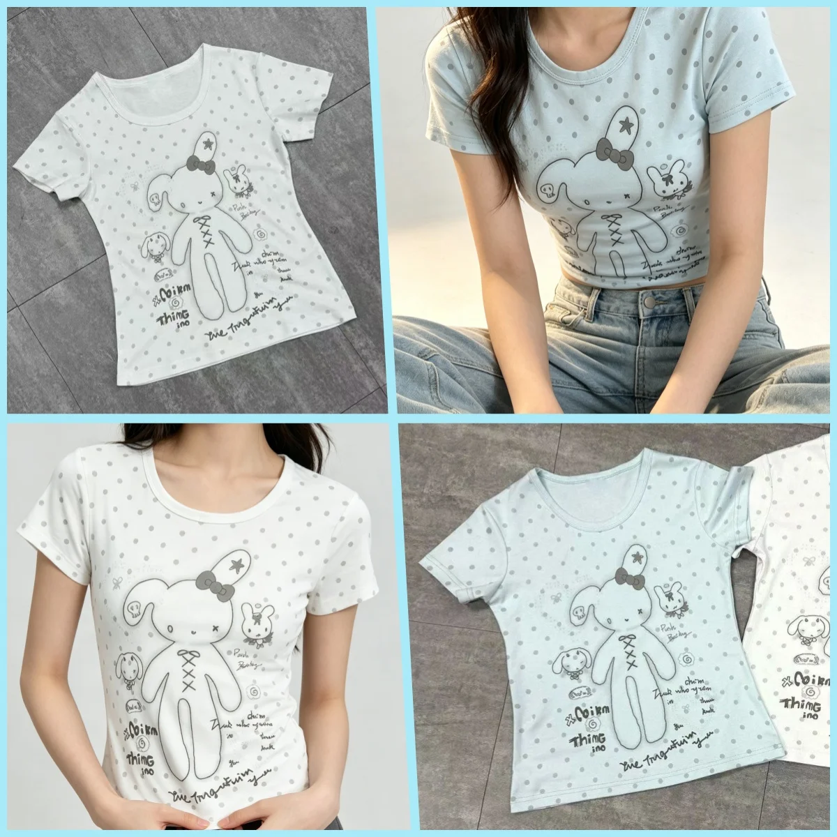 Polka Dot Short Sleeve T Shirt Cute Stitched Bunny Cartoon Print U Neck Slim Fit Soft Fabric Casual Dai Basic Tee Multiple Color