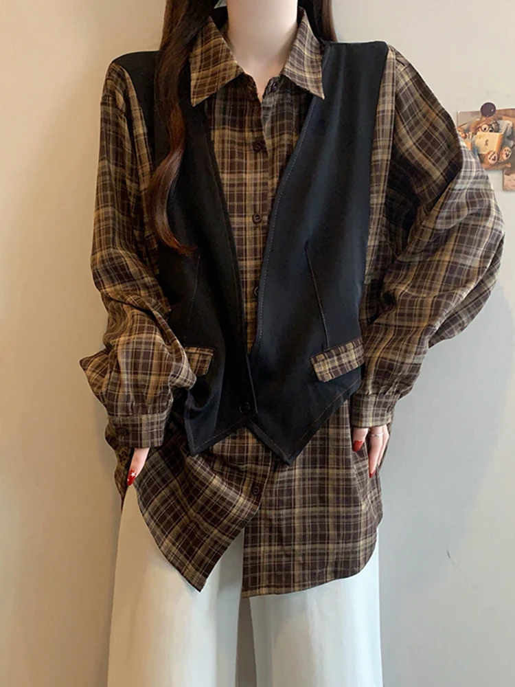 

Spring 2026 Large Size Women's Retro Faion Loose Plaid irt False Two-Piece Long Sve Top Versatile Casual Busin Wear
