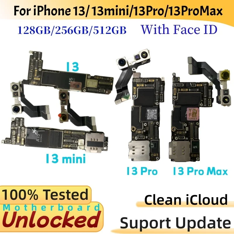 Placa base probada y desbloqueada para iPhone 13 Pro Max con/sin Face ID, para iPhone 13 mini 13 Pro, iCloud limpio, placa lógica principal.