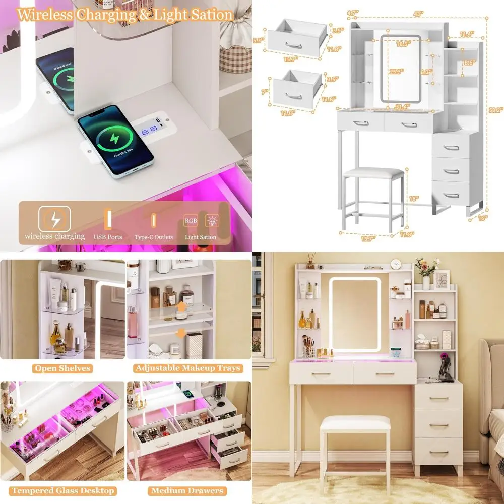 43 LED-lit Makeup Vanity Desk with Glass Top, Wireless Charging, RGB Drawers, 3 Light Colors & Power Outlet Switch