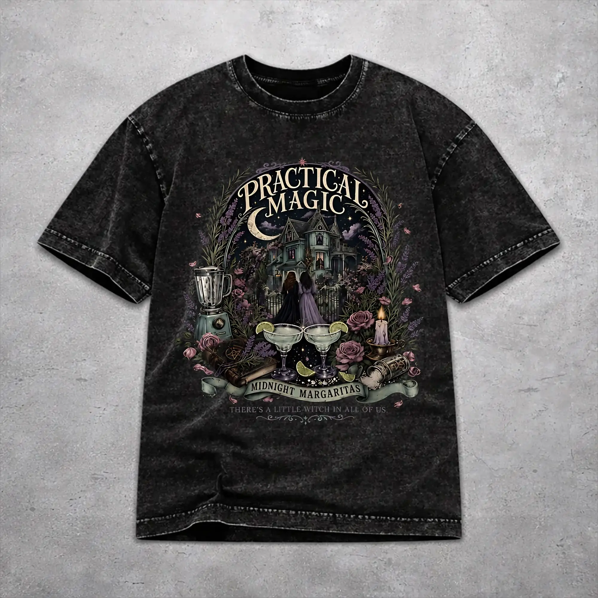 Vintage Women Men Practical Magic Midnight Margaritas Witchcraft Witchy Gothic Tee Shirt Washed Style  T Shirts Clothes