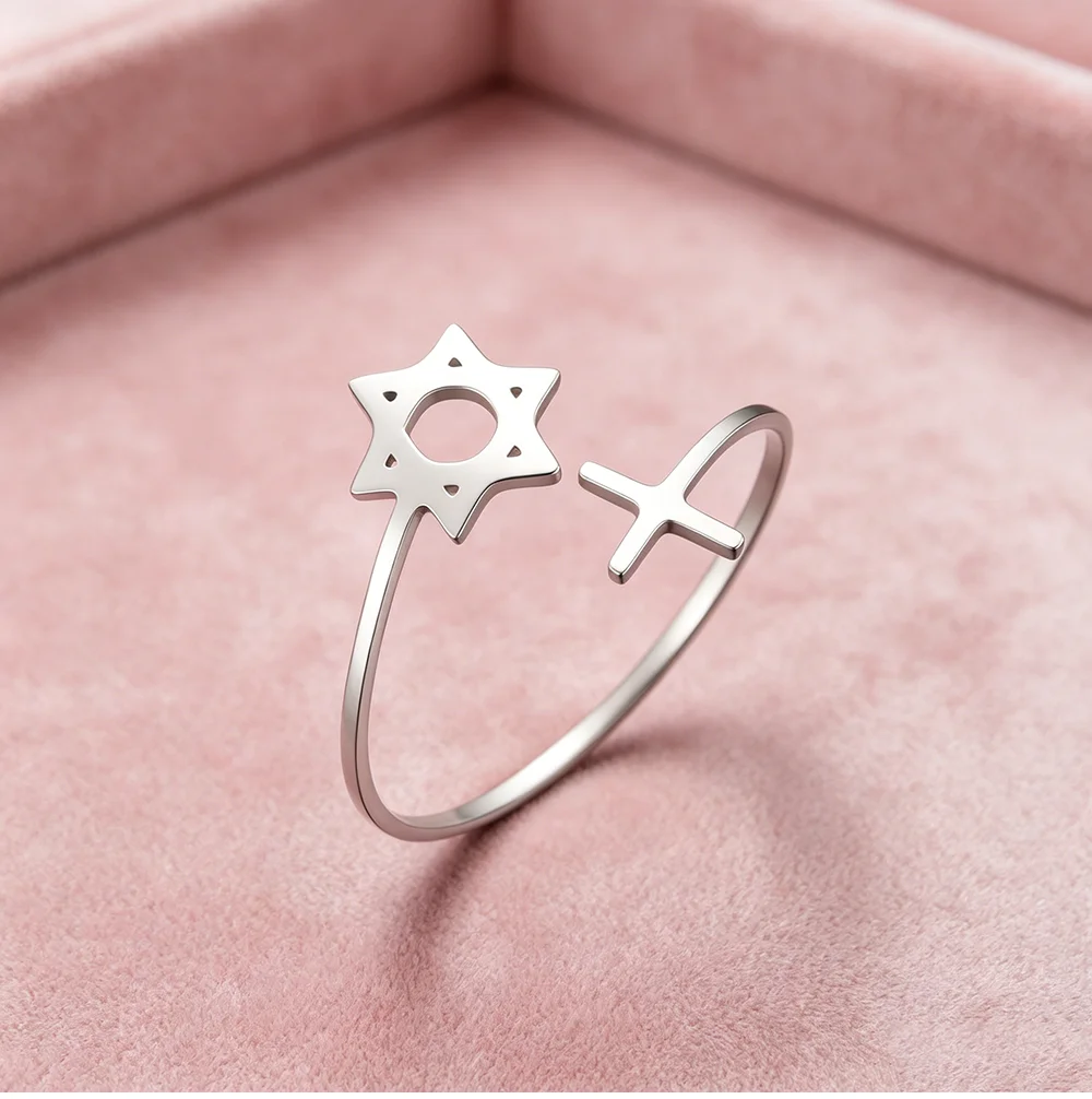 CoolTime Minimalistischer Davidstern Offener Ring Goldfarben Hexagramm Zirkon Amulett Schutz Tägliches Tragen Kreuzschmuck für Frauen Geschenk – Detail 10