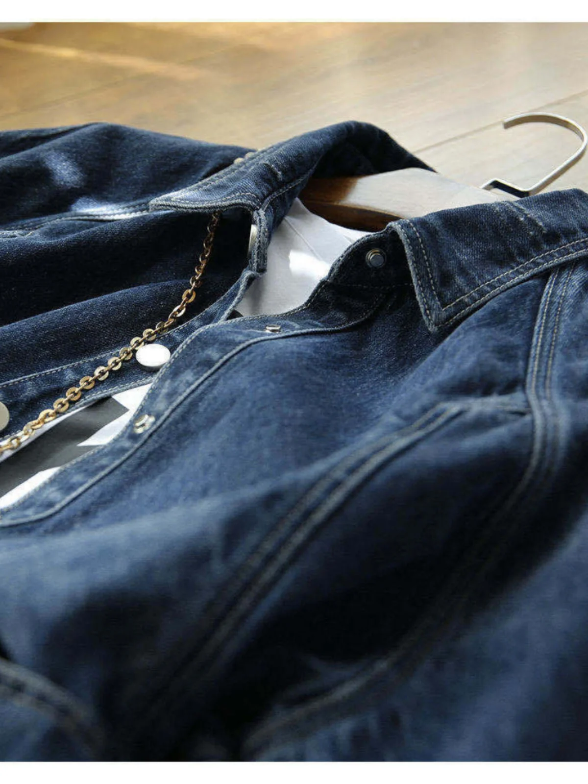 Artistic Casual Denim Short Jacket Vintage Slimming Top Comfortable Loose Fit with Pockets Long Sleeve  Collar Button Clo...