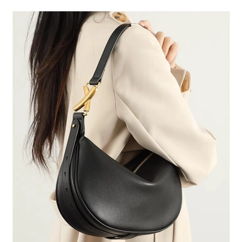 2024 Fashion Ladies Hobo Shoulder Bag Genuine Cowhide Leather Leisure Soft Women\'s Handbag Niche Design Underarm Bag Purse