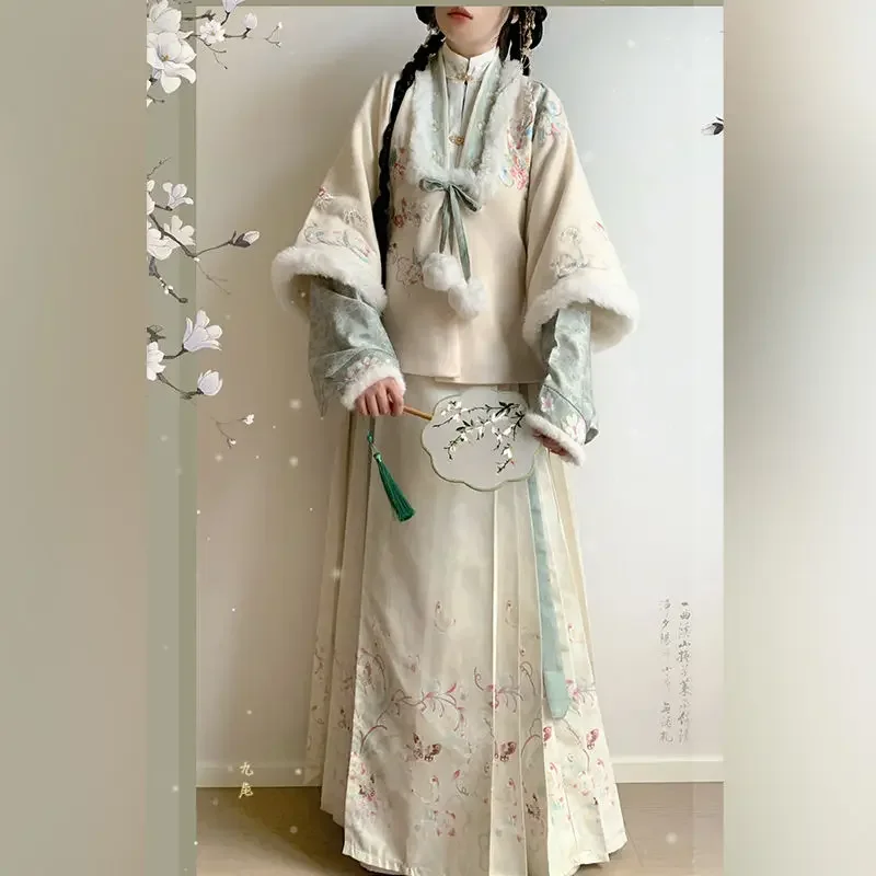 Beige Fleece Geborduurde Jas Groene Lange Mouwen Top Gedrukt Paardengezicht Rok Hanfu Chinese Kostuum Vrouwen Winter Hanfu Jurk