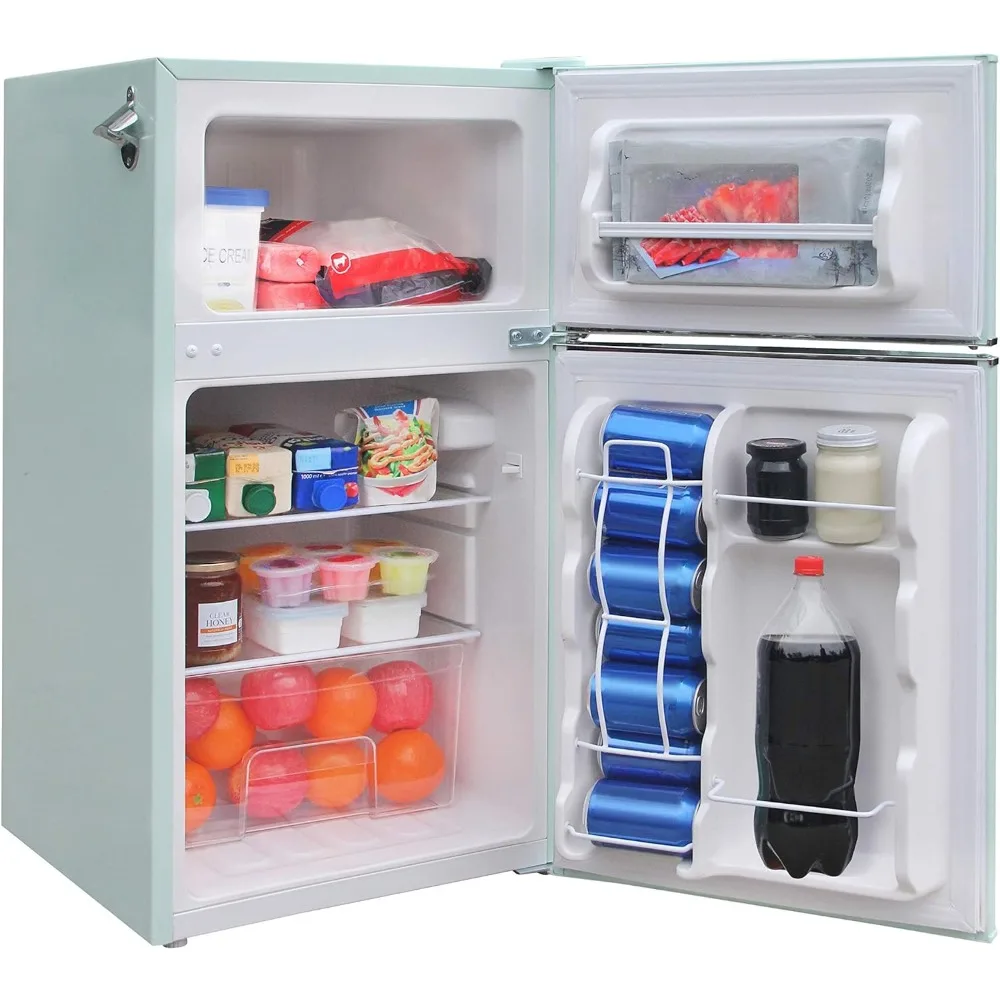 MINT EFR840 Mini frigo retrò con congelatore e apribottiglie laterale-piccolo frigorifero a 2 porte per ufficio Bar o dormitorio universitario