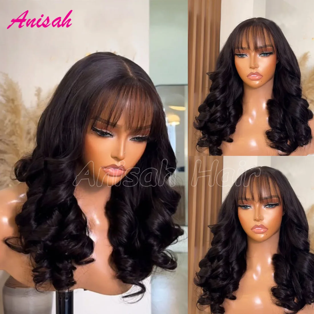 

Wavy Lace Front Wigs Human Hair with Baby Hair Brazilian 100% Virgin Hair Glueless Lace Closure Human Hair Wigs with Bangs