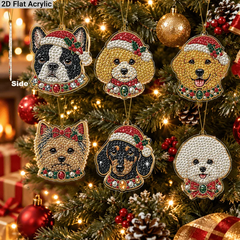 Christmas Dog Diamond Painting Acrylic Flat Decoration 6-Piece Set 3.35in Cute Pet DIY Diamond Sticker Hanging Ornament for Chri