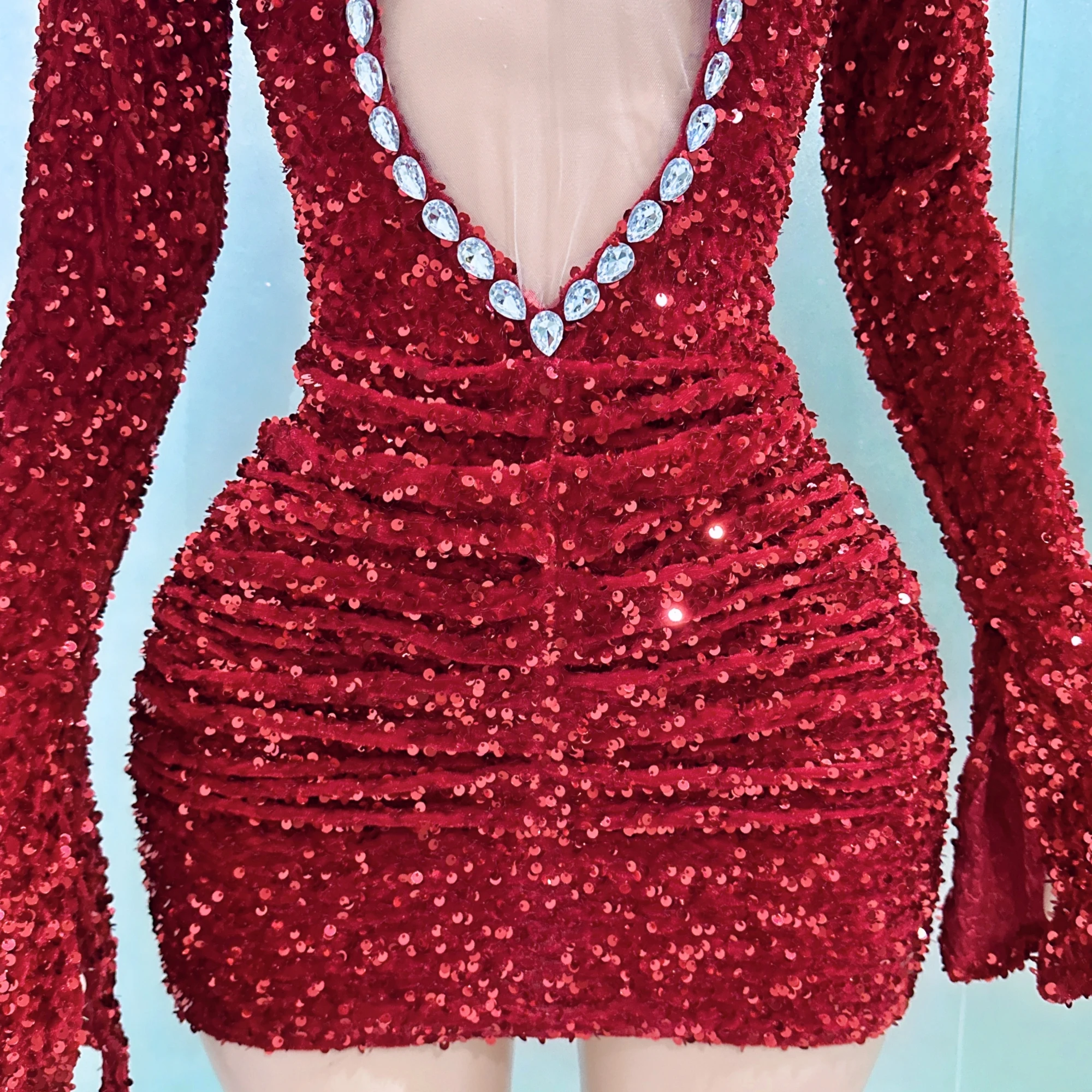 Sexy See Through Sheath Mini Dress Red Sequins Rhinestones Nightclub Performance Custome Stage Wear Birthday Evening Party Dress