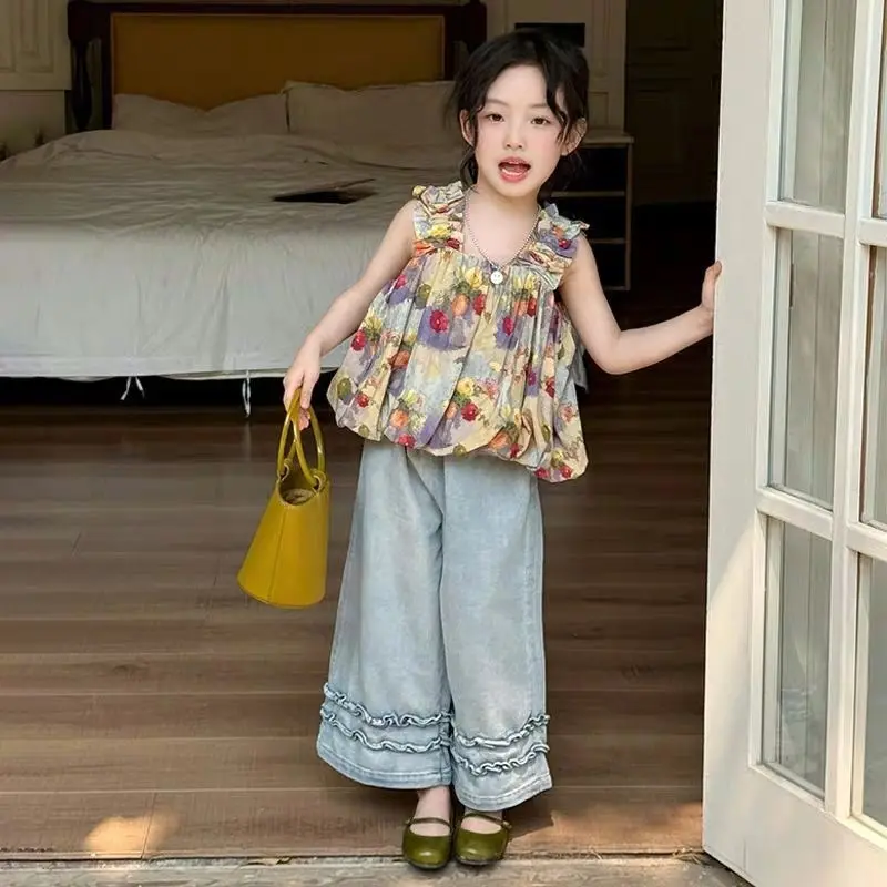 2025 Summer New Girl Korean  Baby Girl Western Style Floral Tank Top with Black Ear Edge Cowboy Wide Leg Pants Two Piece Set