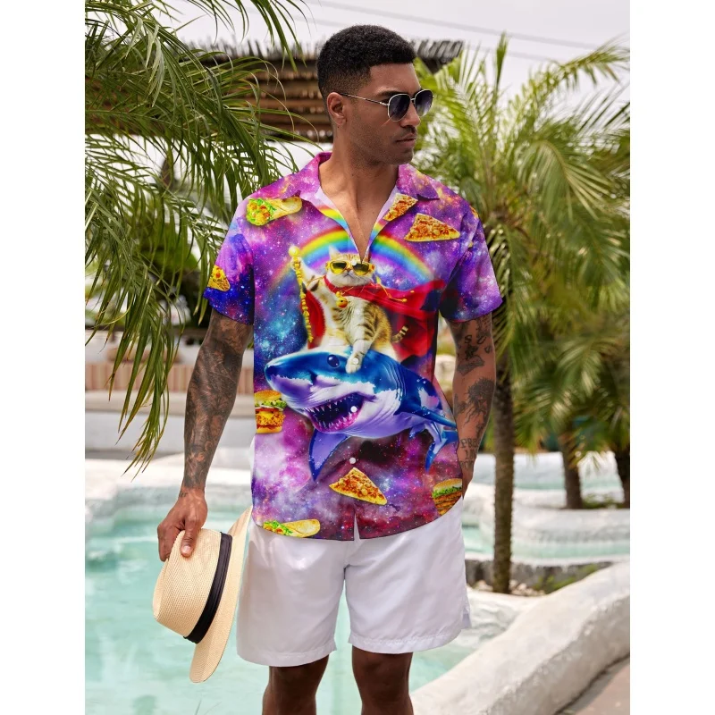 

Cat Dinosaur Shark Graphic Hawaiian Shirt For Men Geometry 3D Printed Short Sleeve Summer Loose Street Aloha Shirts Lapel Blouse