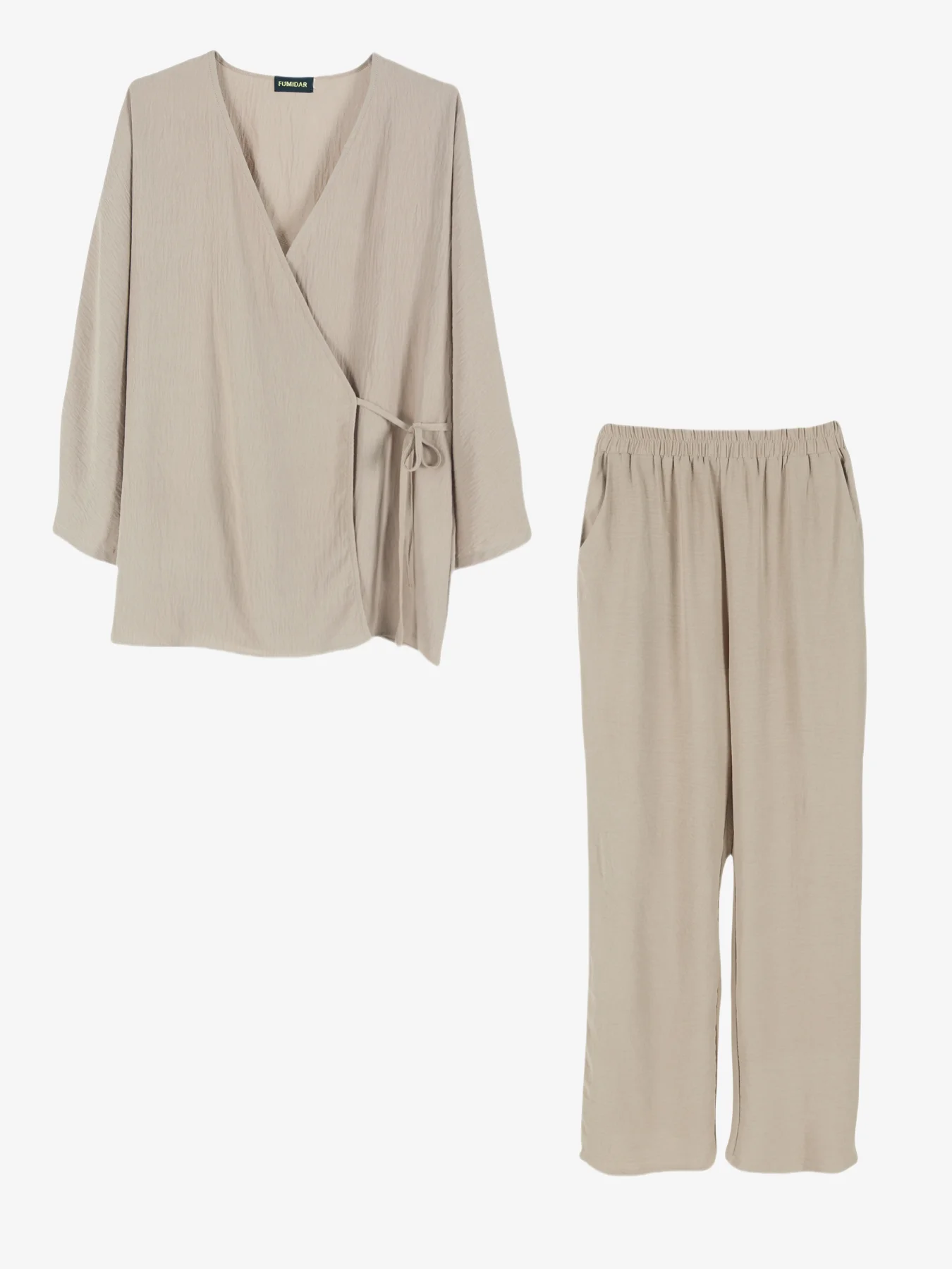 FUMIDAR Modest co ord Kimono Set Pants Sets Loose Coats Vintage Tops Elastic Waist Trousers Female for women