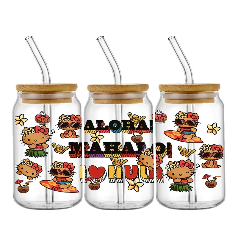 Miniso Hello Kitty Beach UV DTF Cup Wraps Cartoon Transfer Sticker For Glass 16OZ Libbey Can Bottle Self-adhesive Washable DIY