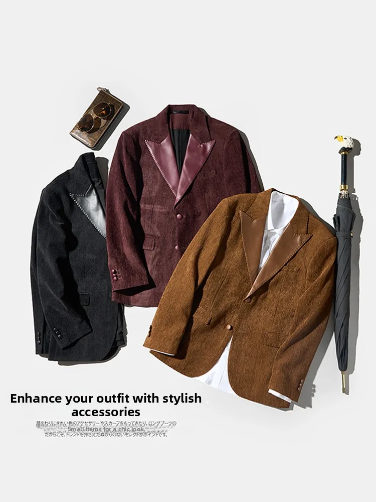 

Fall Winter Luxury Simple High-End Feel Lapel Patchwork Leather Suit Jaet Men's Casual Busin Slim Fit Western Sle