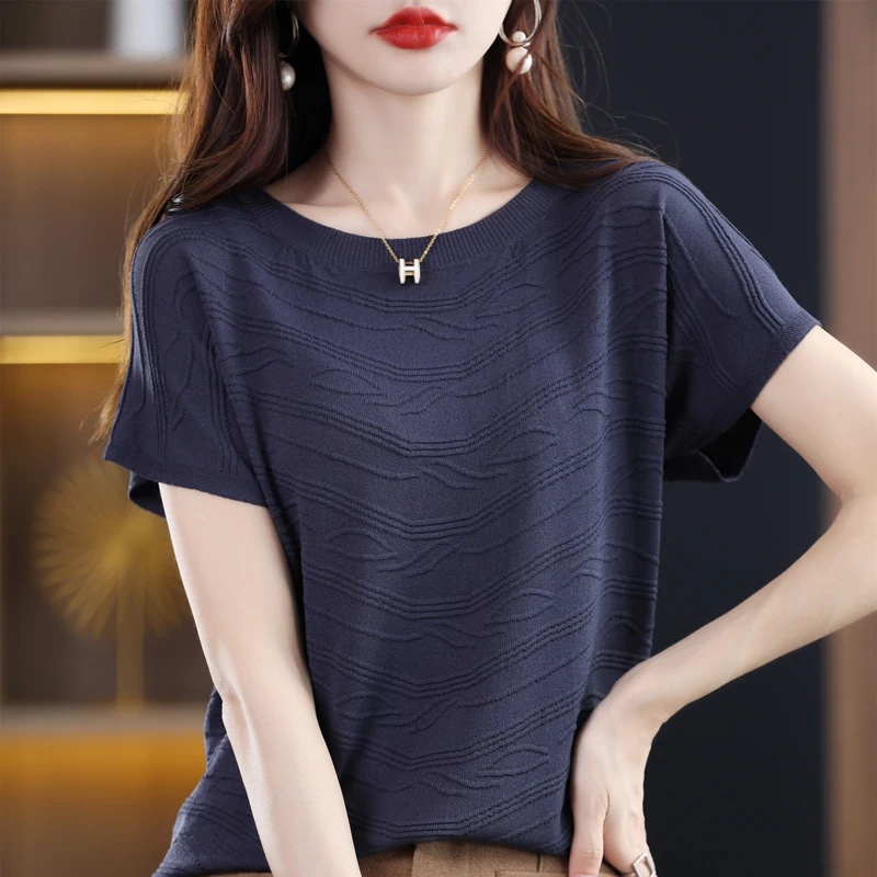 Round Neck Ice Silk Short Sleeved Women's Korean Summer Thin Solid Color Loose Top T-Shirt