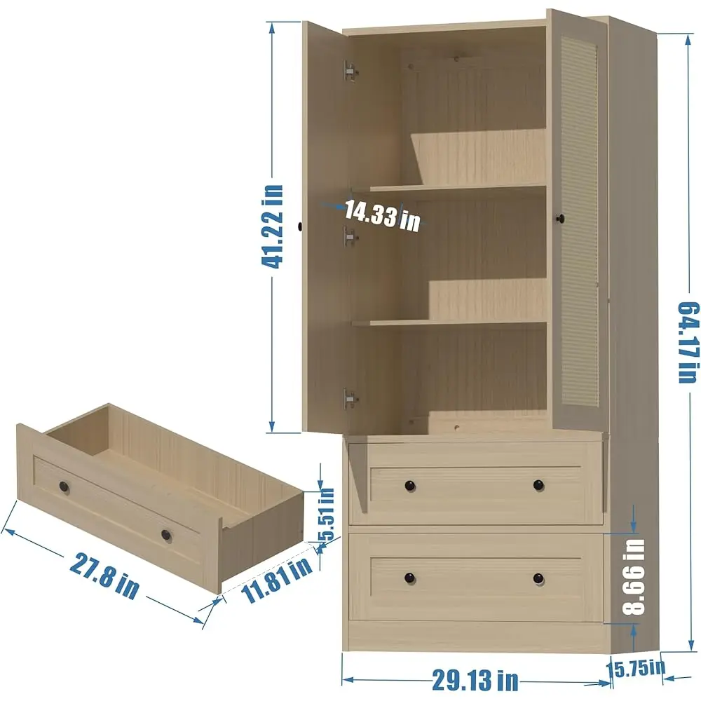 Rattan Oak Kitchen Pantry, Storage Cabinet With Adjustable Shelf For Living Room, Kitchen
