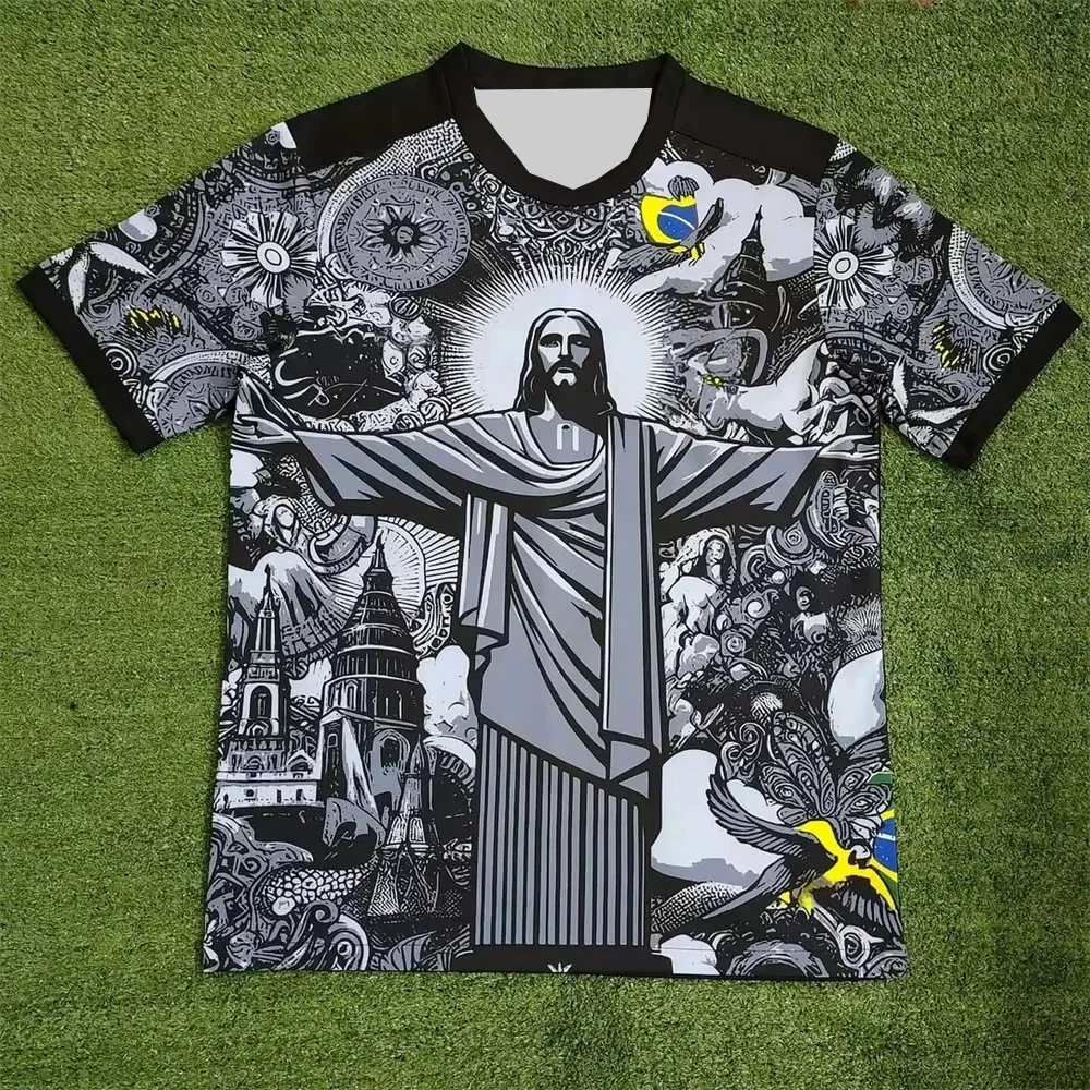 Summer Football Breathable Quick-drying Training Top Brazil Special Edition Jesus Black Grey Football Jersey Men Outdoor Tshirts image 2