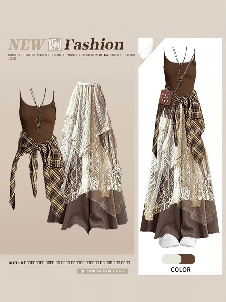 

Комплект дорожной одежды в стиле ретро, клетчатый кружевной жилет, многослойная повседневная юбка, брюки, осенний женский ансамбль Faion