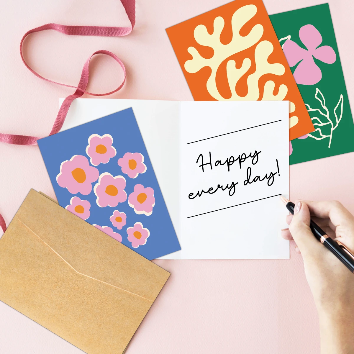 12 Stück abstrakte Linienkunst-Grußkarten mit Umschlägen – Blumenmuster, Welle, Vasen-Design, leere Karten für Geschenke, Geburtstag, Hochzeit, Danke – Detail 3