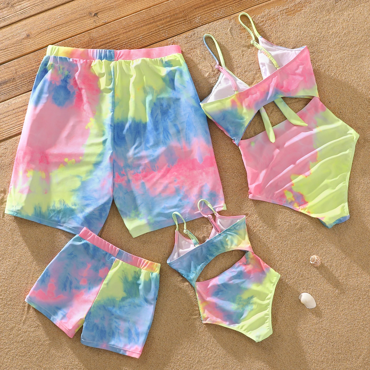 PatPat Family Matching Swimsuits Tie Dye V Neck Self-tie Hollow Out Spaghetti Strap One-Piece Swimsuit and Swim Trunks Shorts