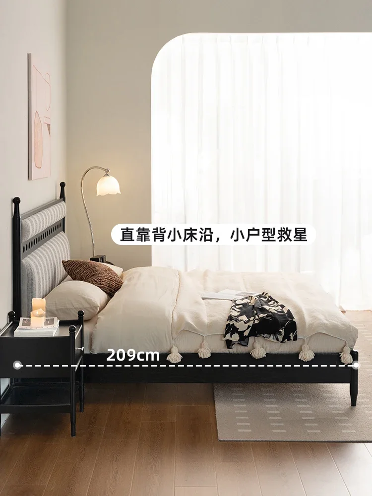French medium and ancient bed solid wood bed leather  retro oak backrest  modern simple double bed 1.8 meters soft bag