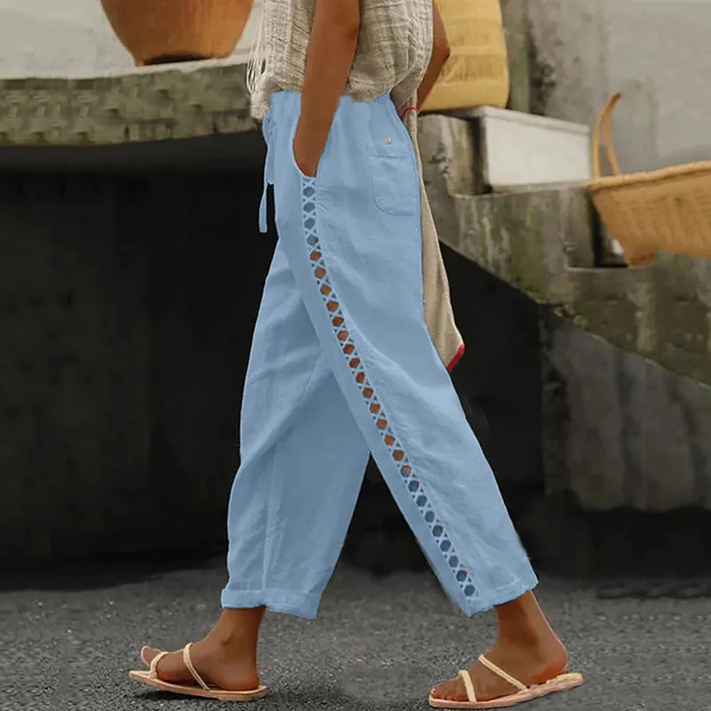 Summer Lace Stitching Hollow Casual Trousers Women Solid Loose Cotton Linen Harem Pants Woman Vintage Ankle-Length Wide Pants