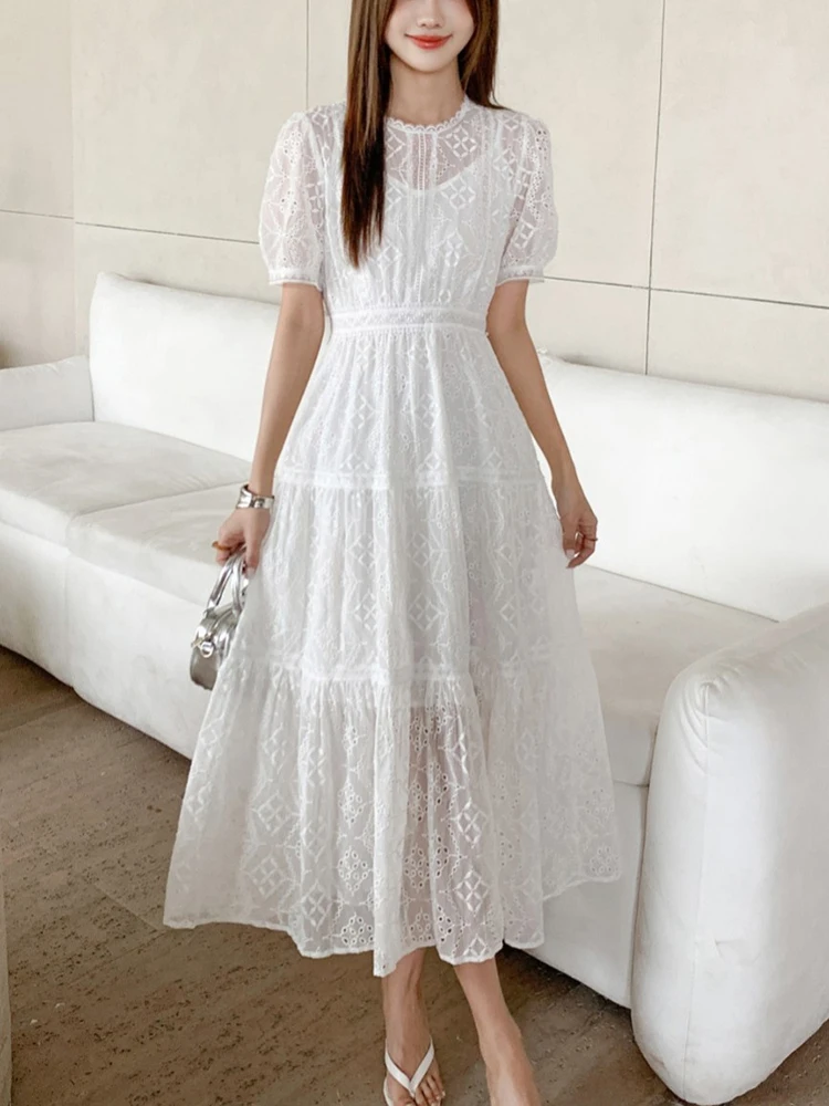 GypsyLady Floral Chic Embroidery Dresses White French Elegant Women Hollow Out Puff Sleeve Vocation Beach Sheer Ladies Dress New