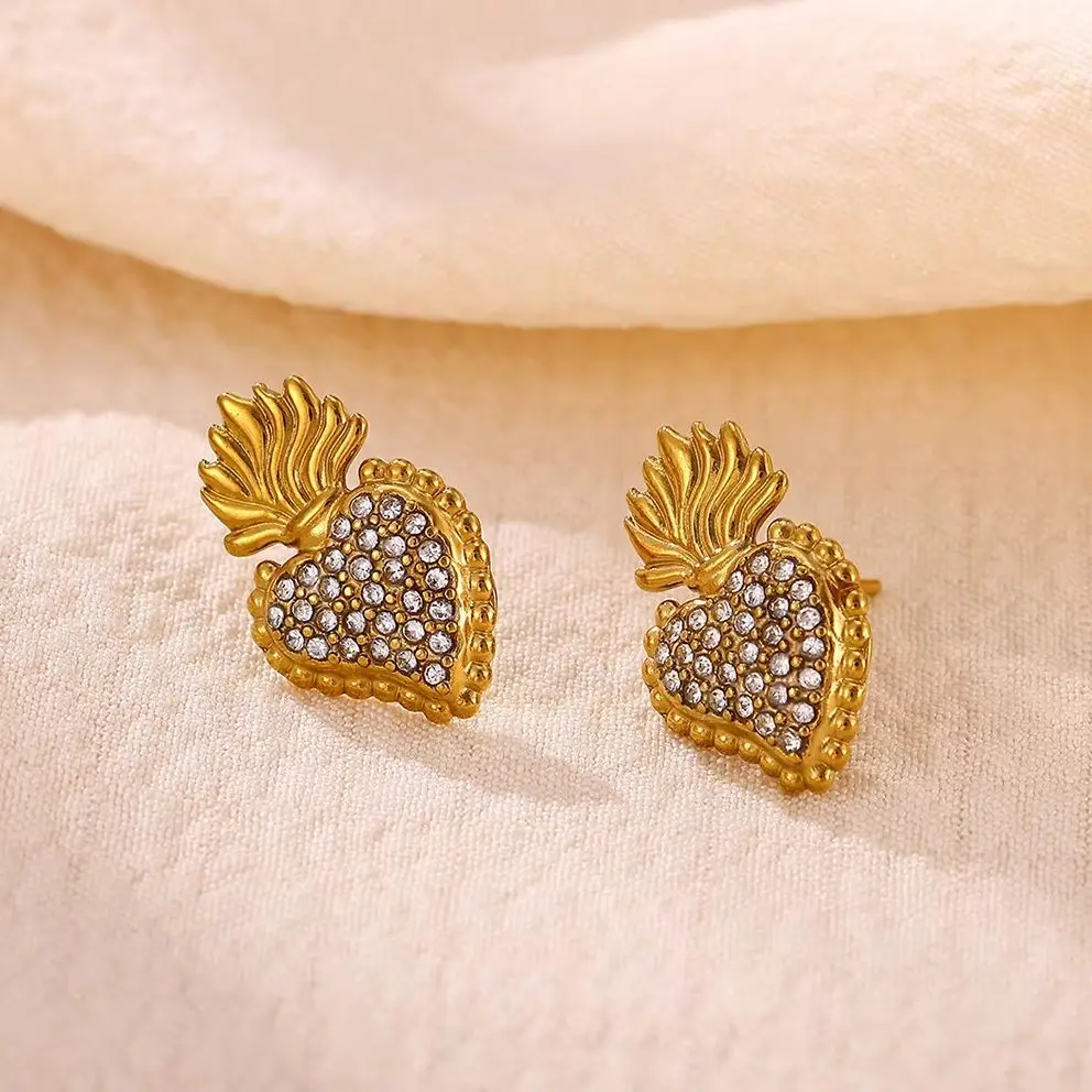 Retro Kristallherz-Flammen-Ohrstecker, Anlaufgeschützter Edelstahl, Goldfarben, Damen-Ohrring, Valentinstag-Geburtstagsschmuck