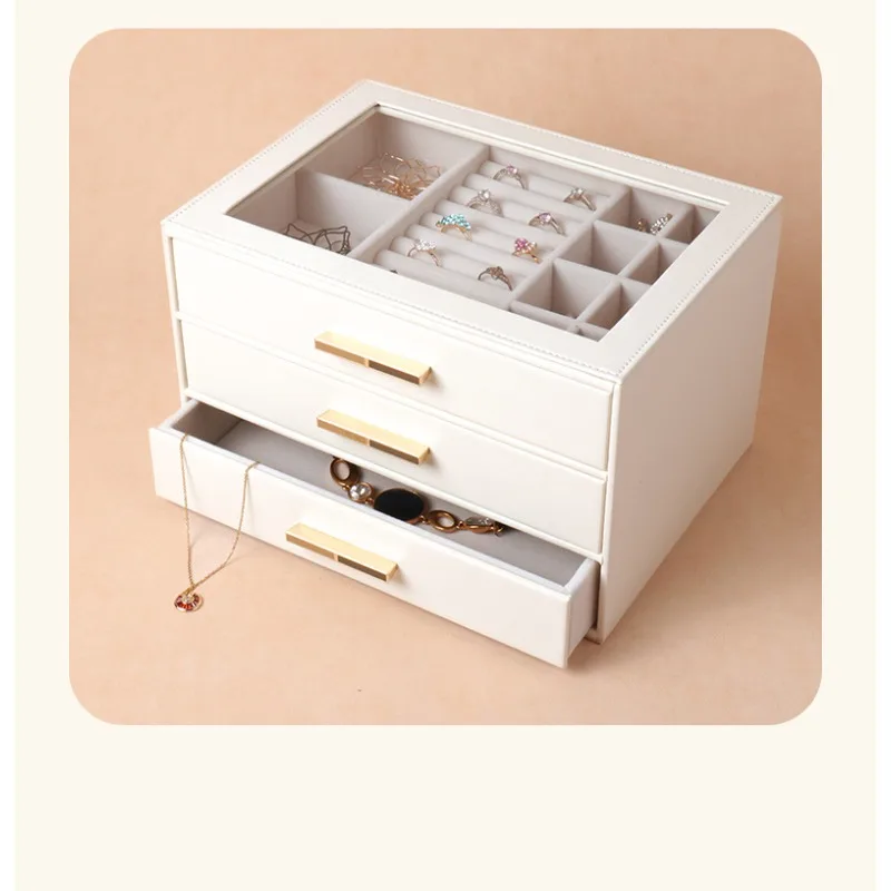 Cross-border three-tier drawer glass skylight PU jewelry box necklace earrings accessories luxury storage box gold jewelry box