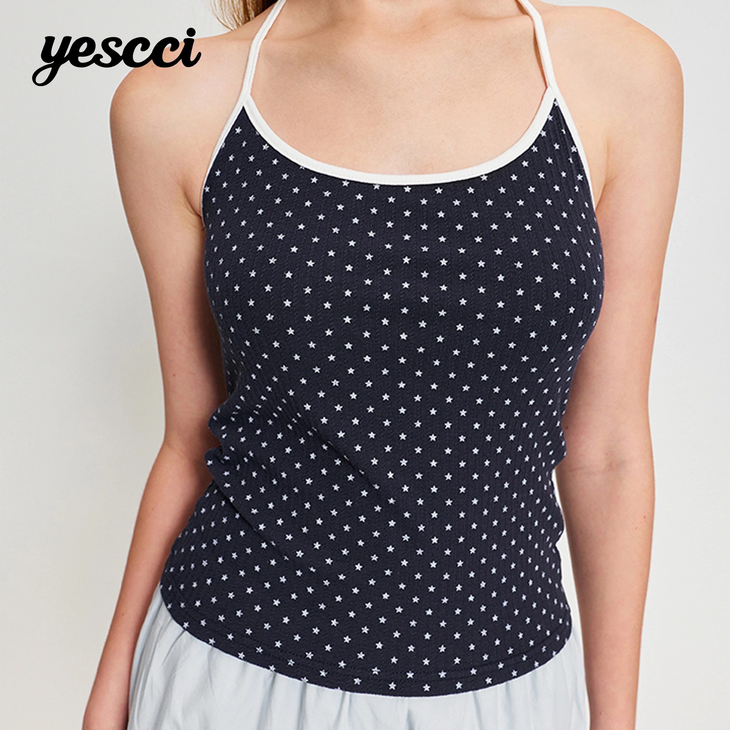 YESCCI Halter Neck Sleeveless Top Women Star Print Contrast Trim Casual Versatile 2026 Summer New Lightw Camisole Tee S56427104