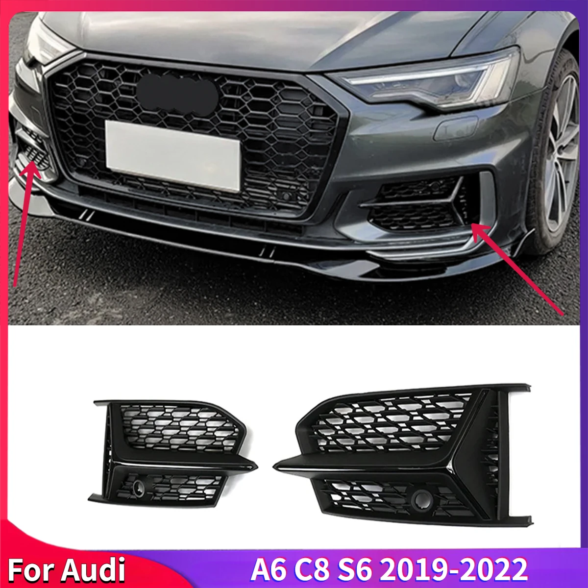 

For Audi A6 C8 S6 2019-2022 Sports S-Line Car Front Bumper Fog Light Frame Fog Lamp Grille Protector Cover Accessorie Auto Parts