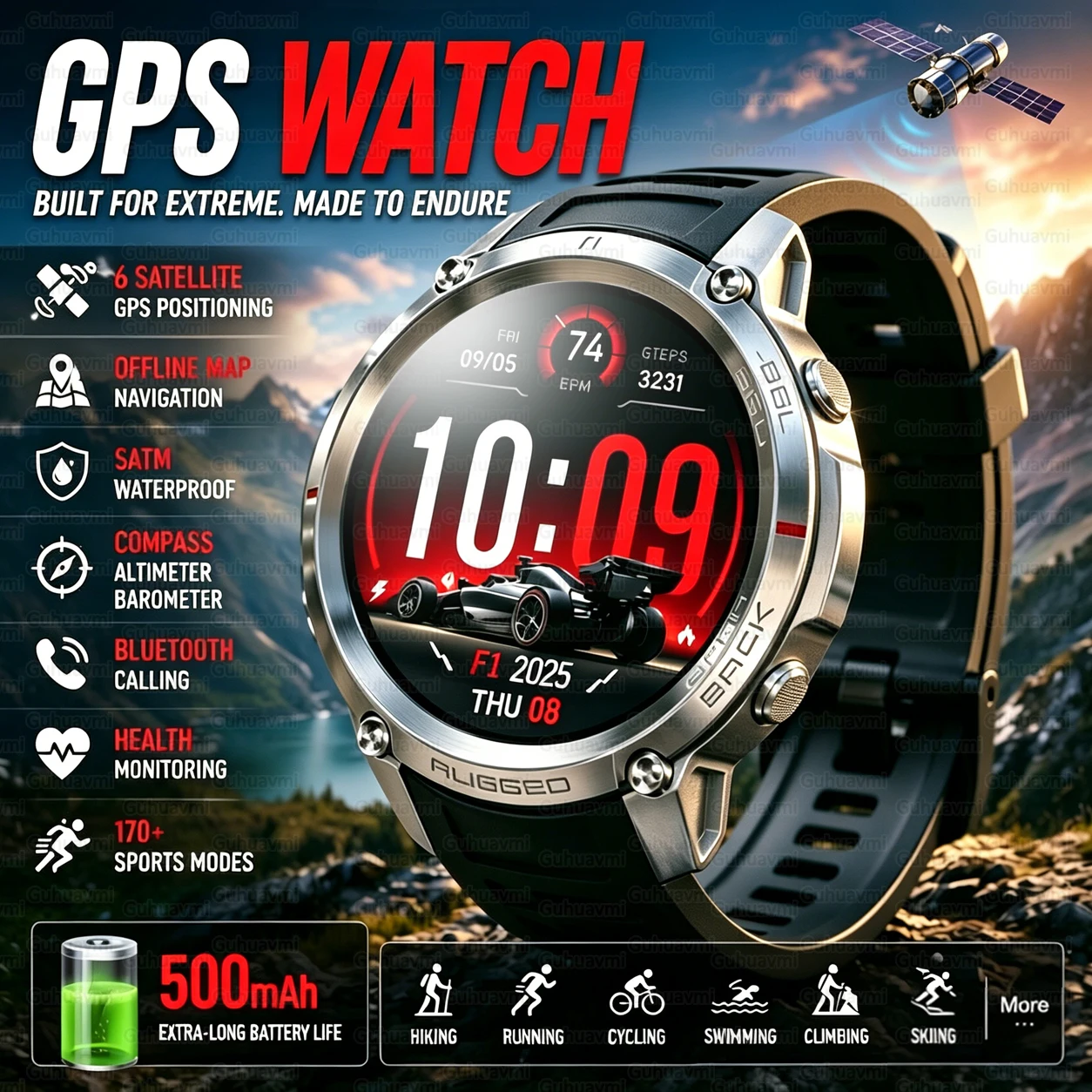 

Rugged Military GPS Smart Watch 6 Satellite Positioning 5ATM Waterproof Compass 170+Sport Bluetooth Call Fitness Tracker for Men