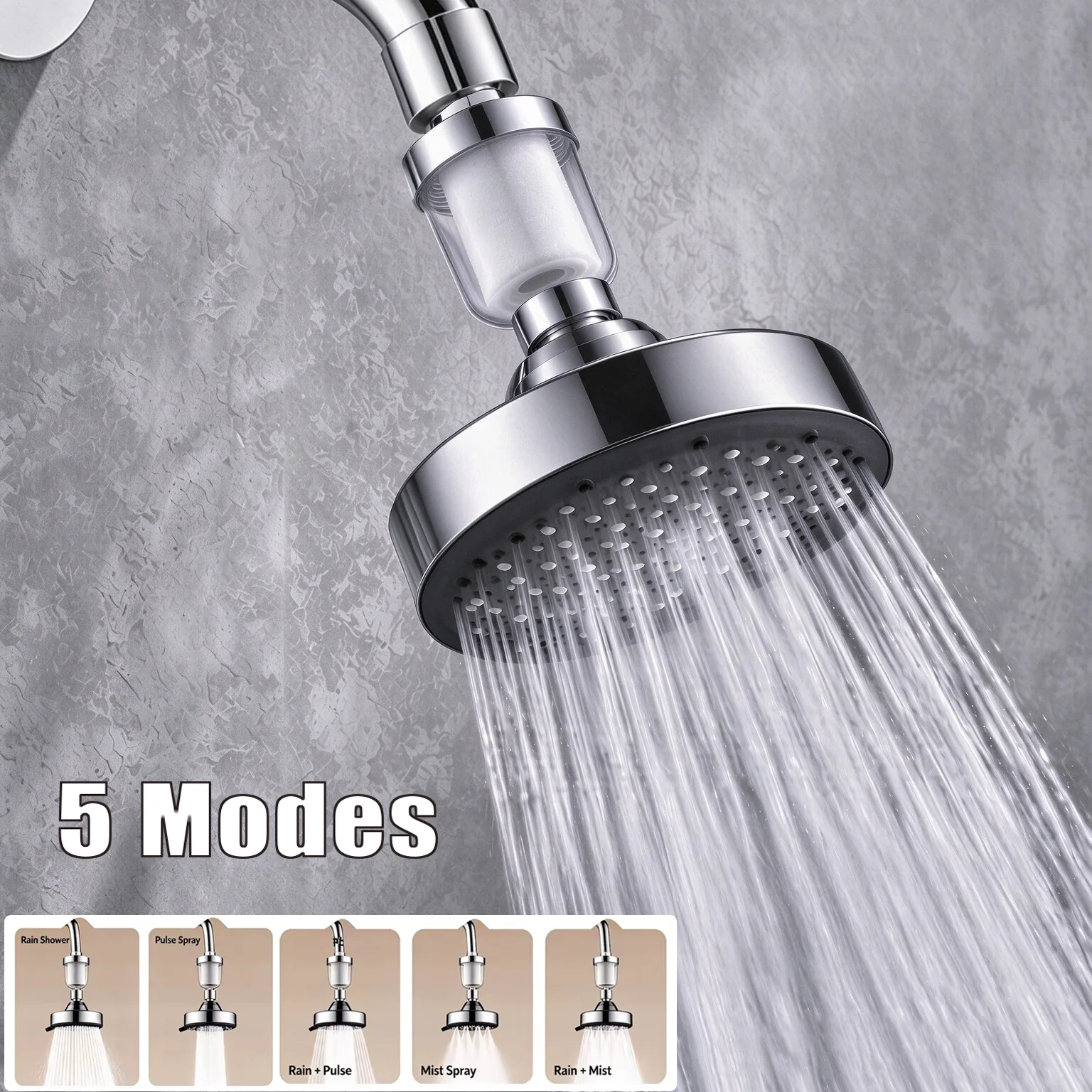 5 Modes Adjustable High Pressure Large Flow Wall Mounted Shower Head with Filter 12cm Supercharge Bathroom Ceiling Showerhead