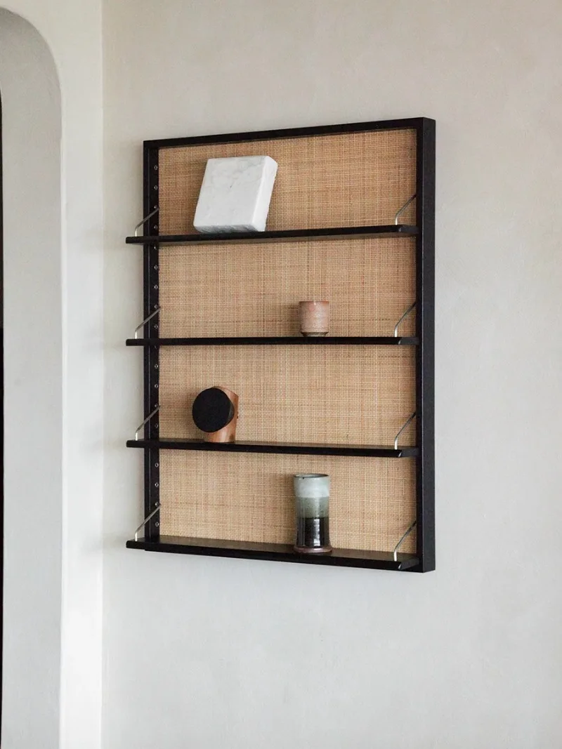 Solid wood wall shelf bookshelf living room wall hanging display rack rattan teak hanging