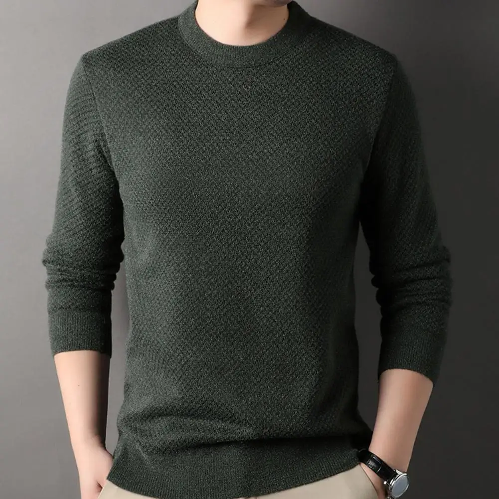 Men Solid Color Sweater Mid-aged Men's Thickened Plush Sweater Warm Round Neck Pullover for Fall Winter Long Sleeve Solid Color