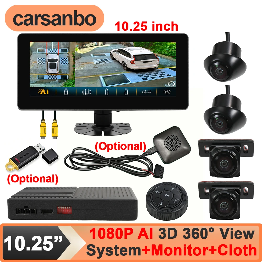 Carsanbo AI 3D 360 Degree Surround View Car Camera System 4CH 1080P Dashcam with 10.25