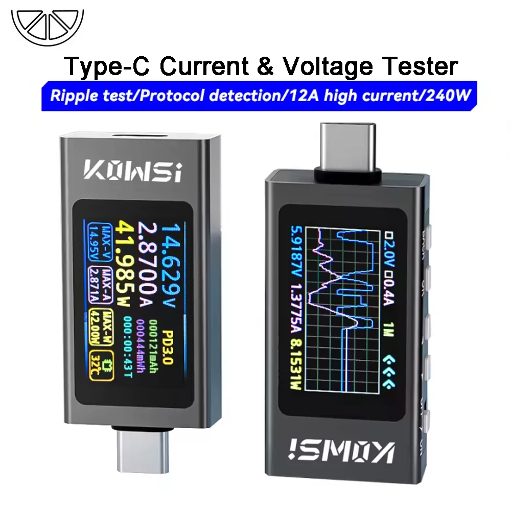 KWS-X1 4V-30V 12A Type C Tester Voltmeter Ammeter Fast Charge Detection Trigger Capacity Measurement Ripple Measurement